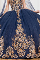 A closer look at formal gown with gold applique