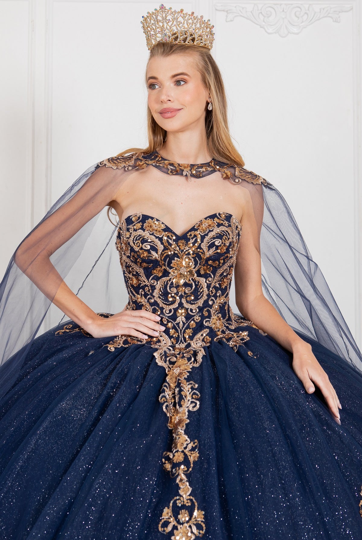 A closer look at formal gown with gold applique