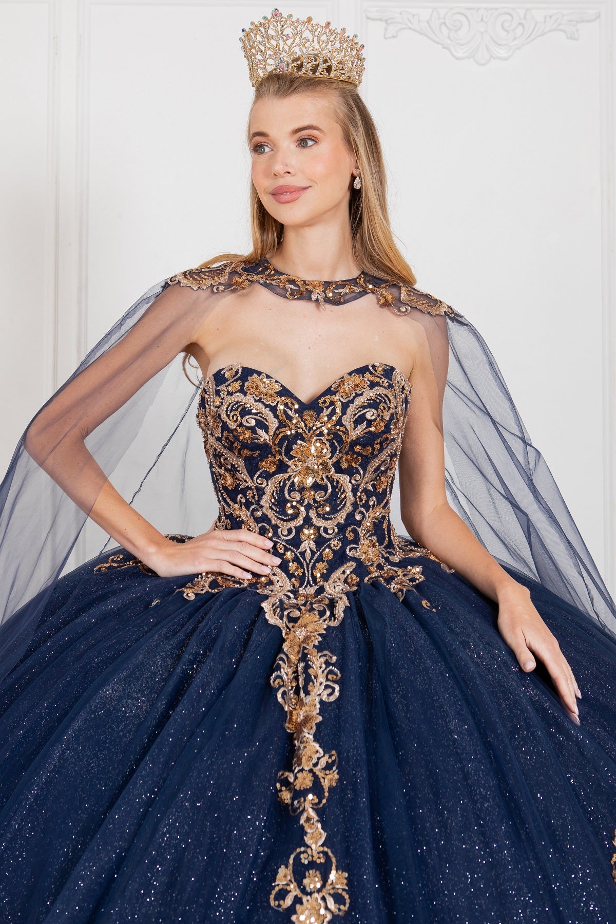 A closer look at formal gown with gold applique