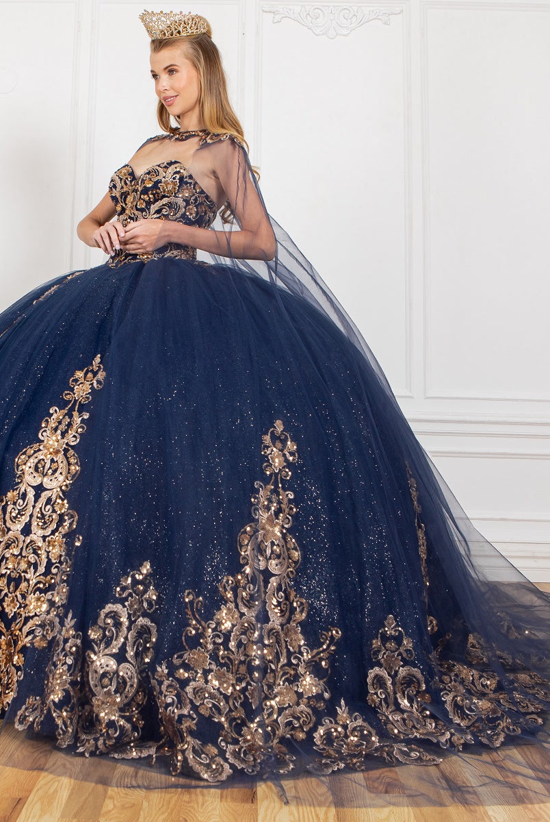 Formal gown with gold applique alternative