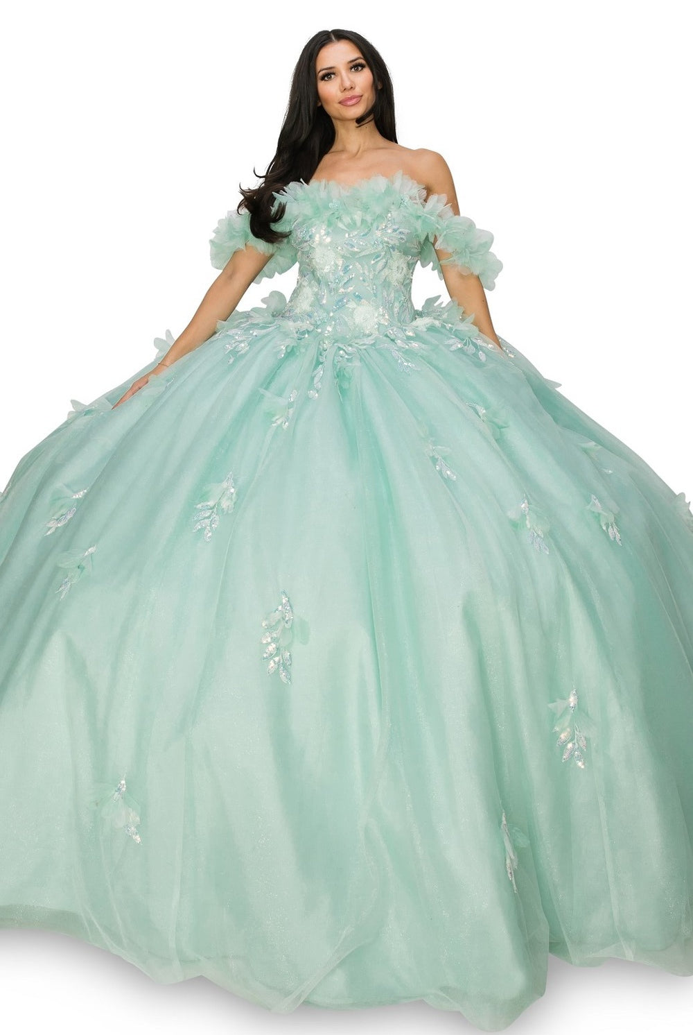 Aqua floral ball gown prom dress