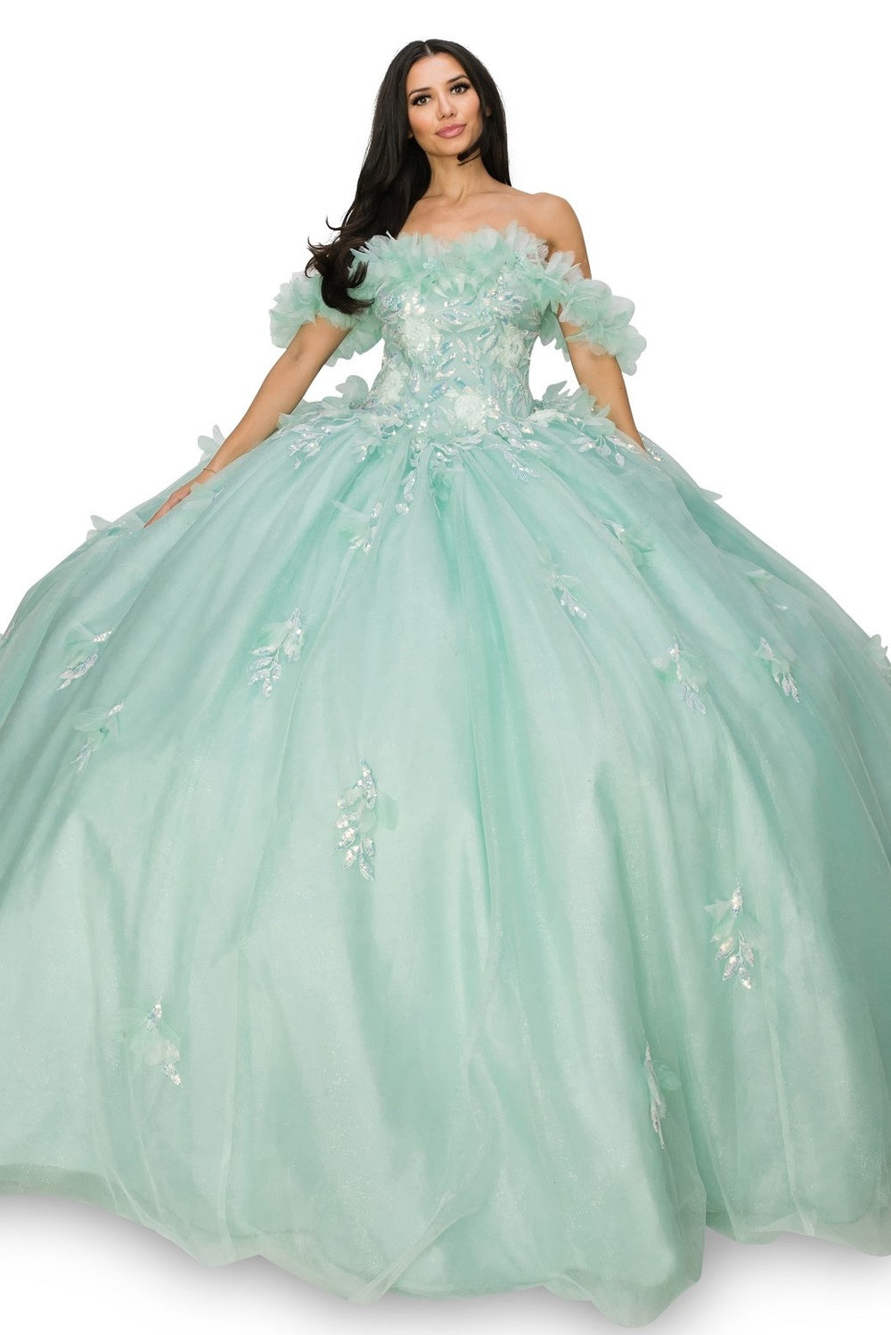 Aqua floral ball gown prom dress