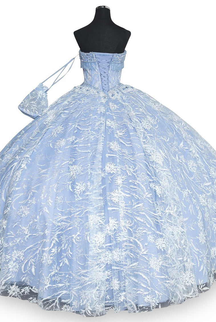 Back of dusty blue strapless wedding ball gown