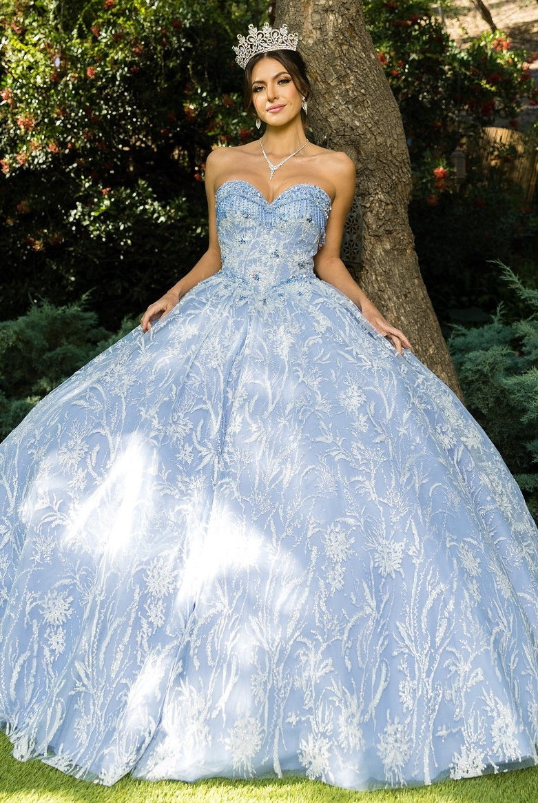 Dusty blue strapless wedding ball gown