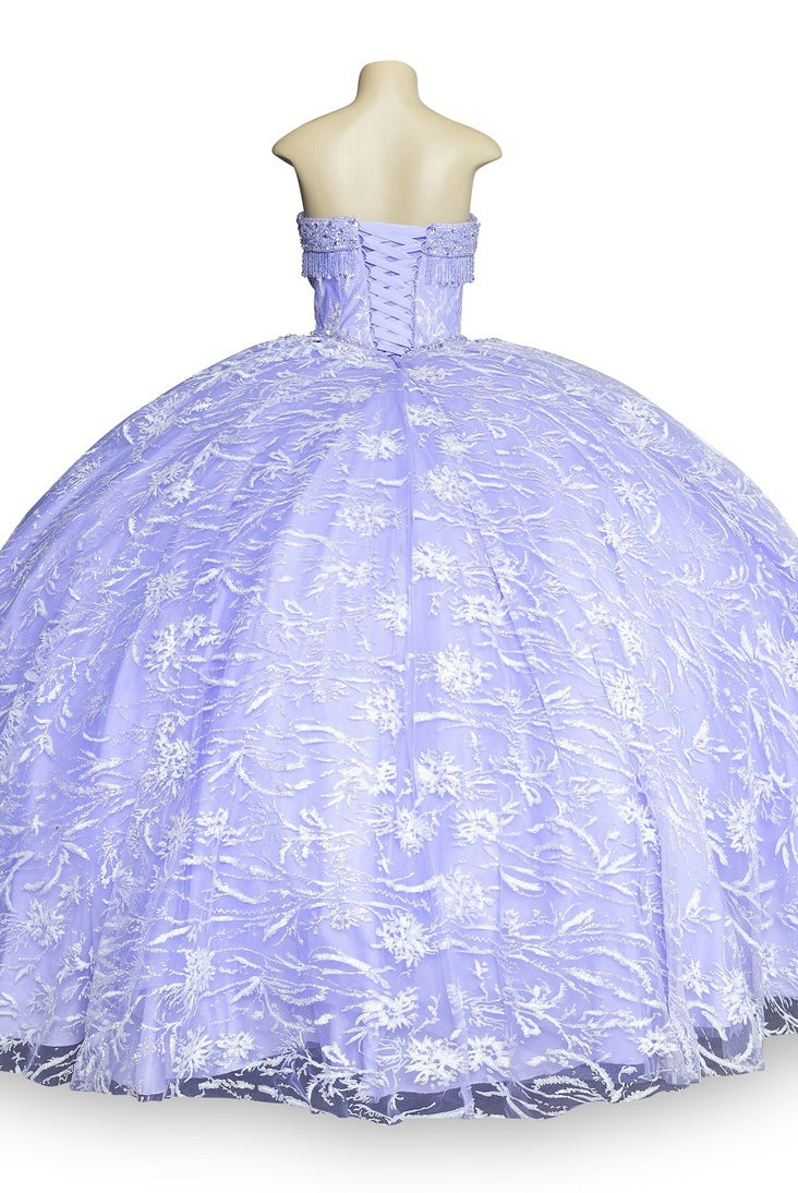 Back of lilac strapless wedding ball gown