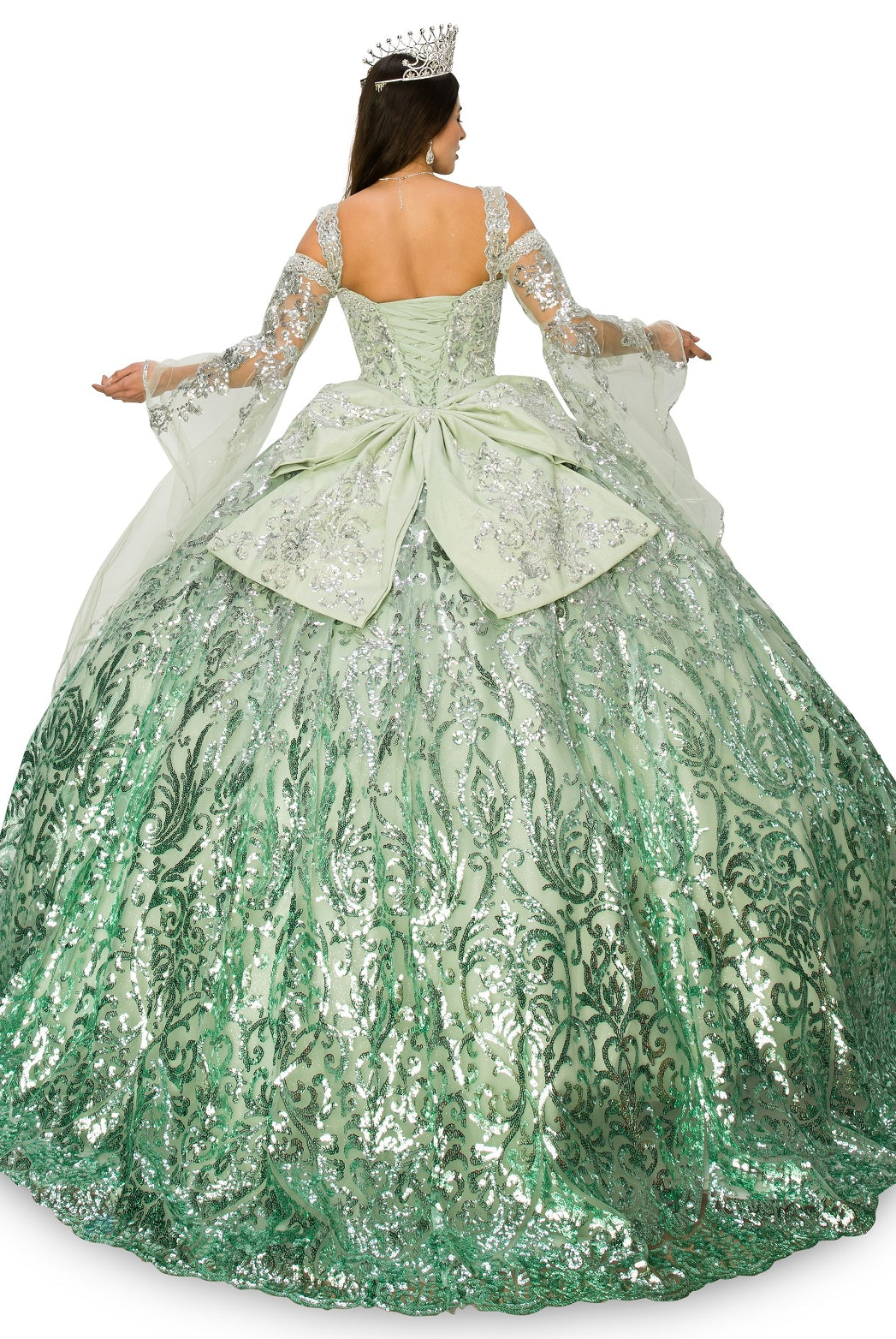 Back of the sage quinceanera dress with sleeves