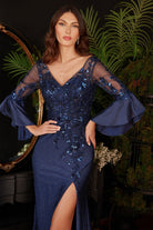 Lace & Satin Gown w/ Bell Sleeves-smcdress