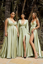 Flowy Satin Gown, A-Line Skirt, High Leg Slit, Fitted Waist, Vintage Neck, Tied Straps-smcdress