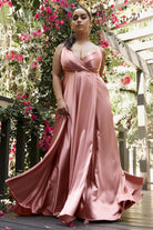 Flowy Satin Gown, A-Line Skirt, High Leg Slit, Fitted Waist, Vintage Neck, Tied Straps-smcdress