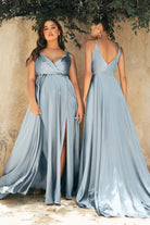 Flowy Satin Gown, A-Line Skirt, High Leg Slit, Fitted Waist, Vintage Neck, Tied Straps-smcdress