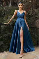 Flowy Satin Gown, A-Line Skirt, High Leg Slit, Fitted Waist, Vintage Neck, Tied Straps-smcdress