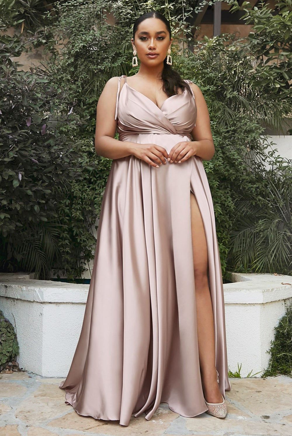 Flowy Satin Gown, A-Line Skirt, High Leg Slit, Fitted Waist, Vintage Neck, Tied Straps-smcdress