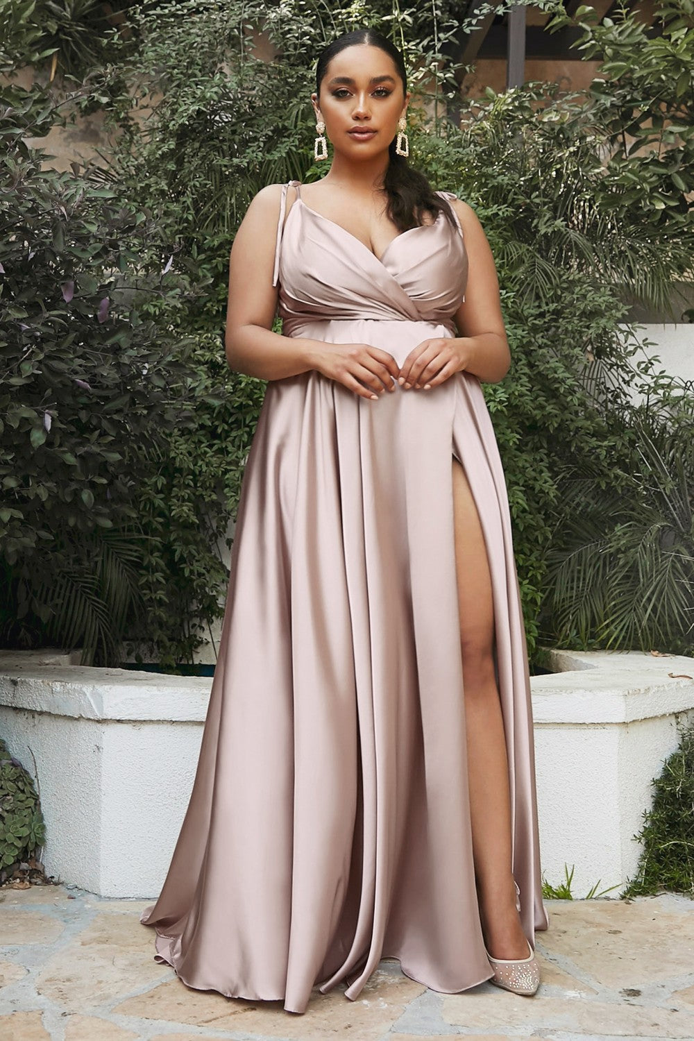 Flowy Satin Gown, A-Line Skirt, High Leg Slit, Fitted Waist, Vintage Neck, Tied Straps-smcdress