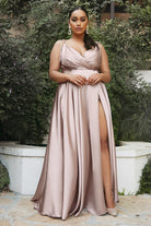 Flowy Satin Gown, A-Line Skirt, High Leg Slit, Fitted Waist, Vintage Neck, Tied Straps-smcdress