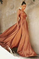Flowy Satin Gown, A-Line Skirt, High Leg Slit, Fitted Waist, Vintage Neck, Tied Straps-smcdress