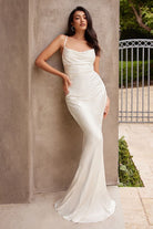Fitted Satin Slip Prom & Bridesmaid Cowl Neck Laced Open Back Dress-smcdress