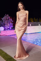 Fitted Satin Slip Prom & Bridesmaid Cowl Neck Laced Open Back Dress-smcdress