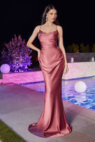 Fitted Satin Slip Prom & Bridesmaid Cowl Neck Laced Open Back Dress-smcdress