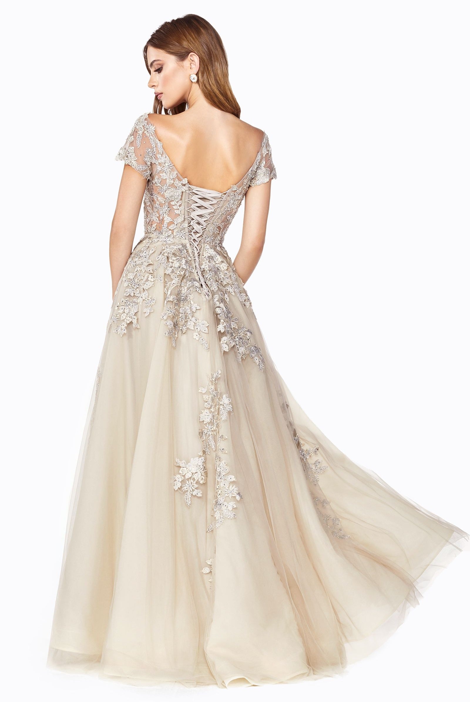 Embellished lace applique A-line dress with corset lace-up back-smcdress