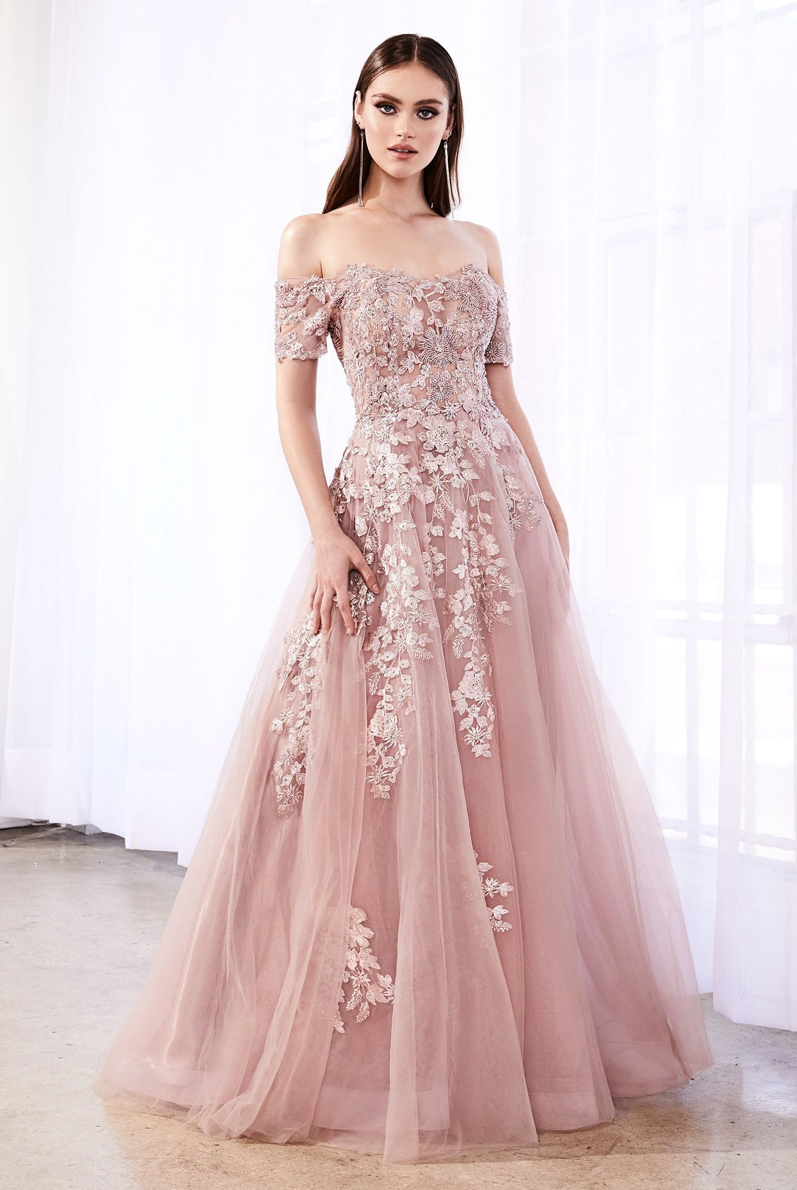 Embellished lace applique A-line dress with corset lace-up back-smcdress