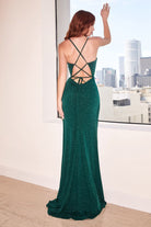 Glittery Prom Gown Cowl Neck, Lace Criss Cross Bodice, High Leg Slit-smcdress