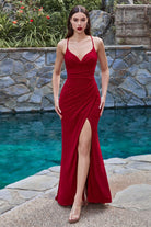 Glittery Fitted Gown w/Cowl Neck, Lace Bodice & High Leg Slit-smcdress