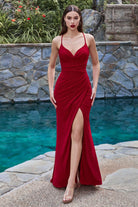 Glittery Prom Gown Cowl Neck, Lace Criss Cross Bodice, High Leg Slit-smcdress