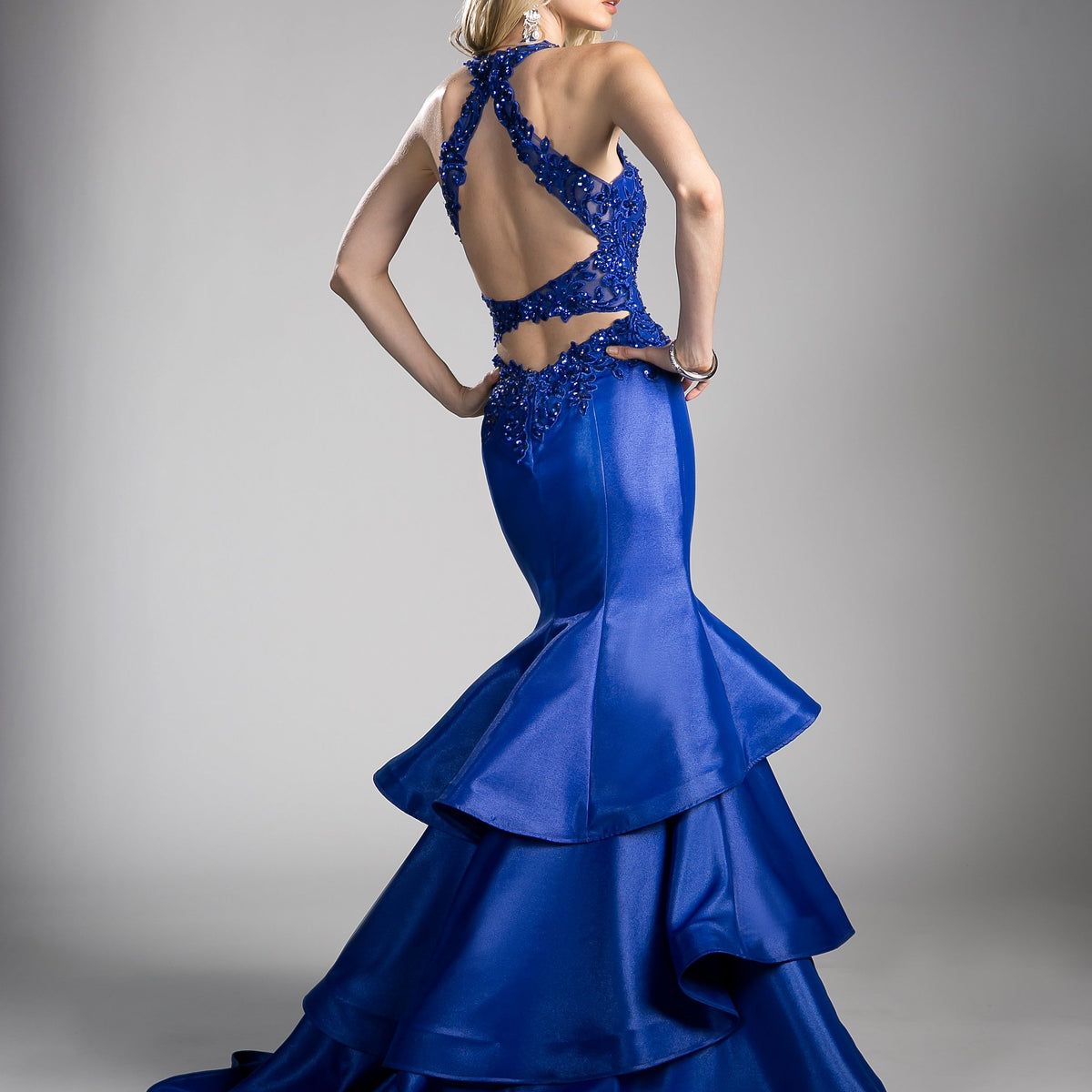 Satin Mermaid Gown with Beaded Corset Bodice Dusty Blue main image 1