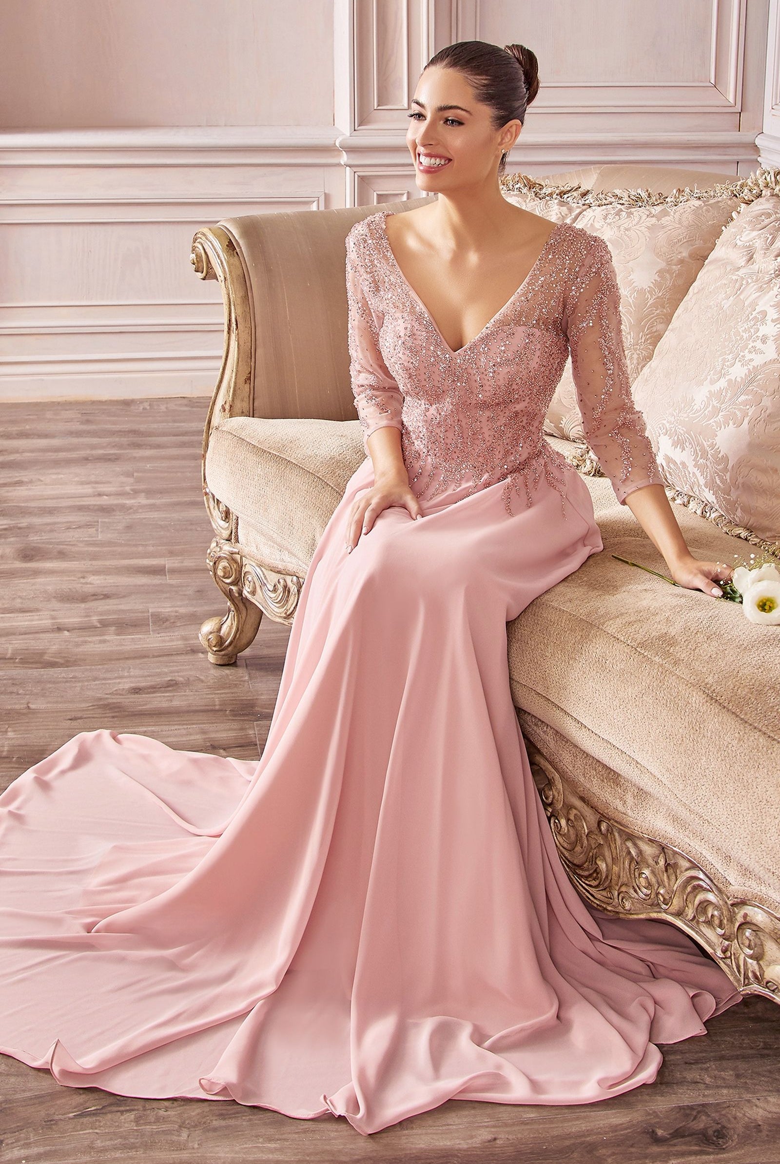 Chiffon A-Line Gown w/ Long Sleeves-smcdress