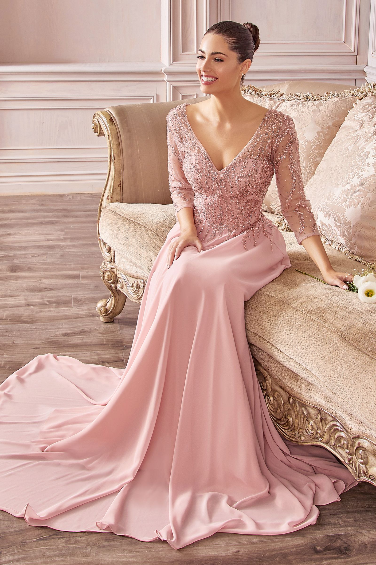 Chiffon A-Line Gown w/ Long Sleeves-smcdress