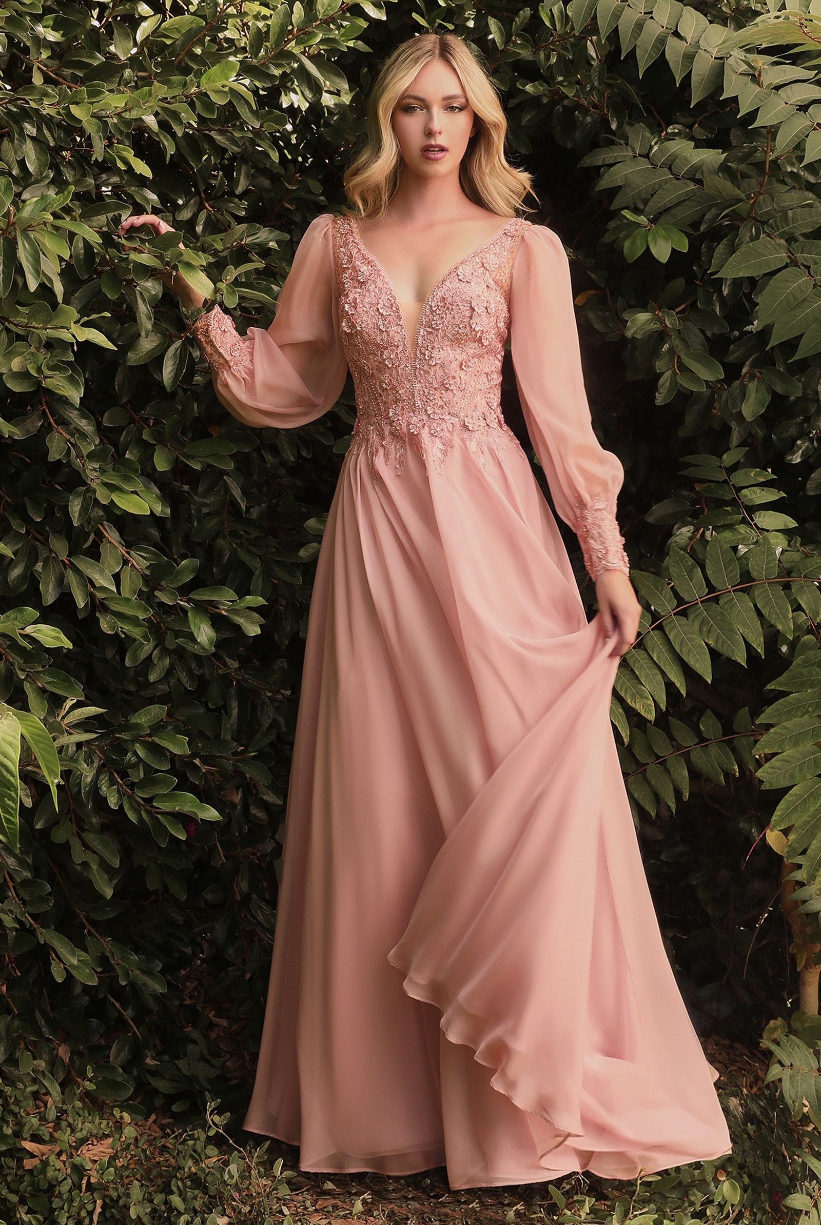 Chiffon Evening Gown, Long Sleeve-smcdress