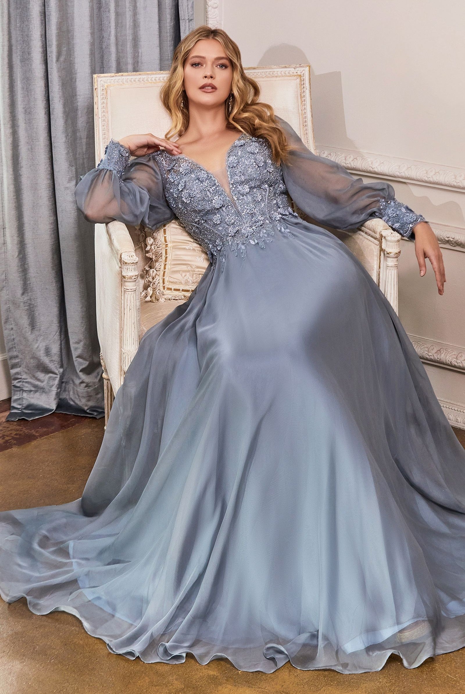 Chiffon Evening Gown, Long Sleeve-smcdress