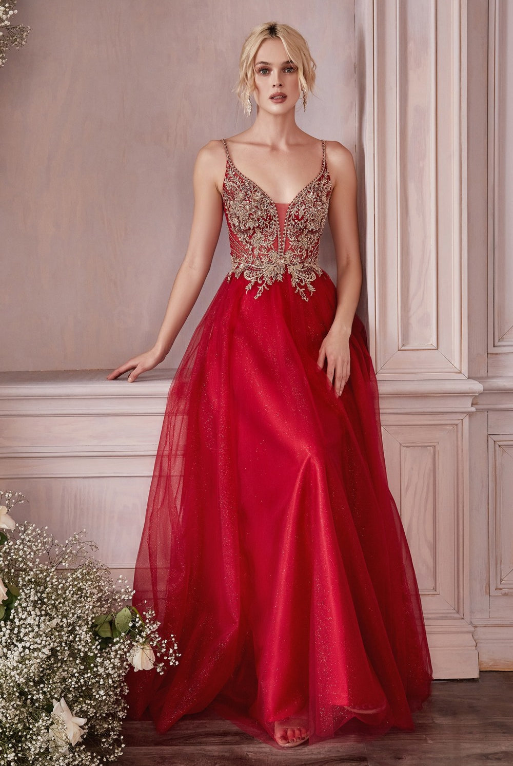 Layered Tulle A-Line Gown w/ Floral Laced V-neck & V- Back Bodice. Cute Vintage Evening Ball Dress-smcdress