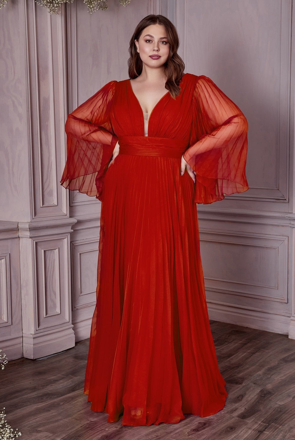 Plus Size Chiffon Prom Dress w/ Long Sleeve, V-neck, A-line & Pleats-smcdress