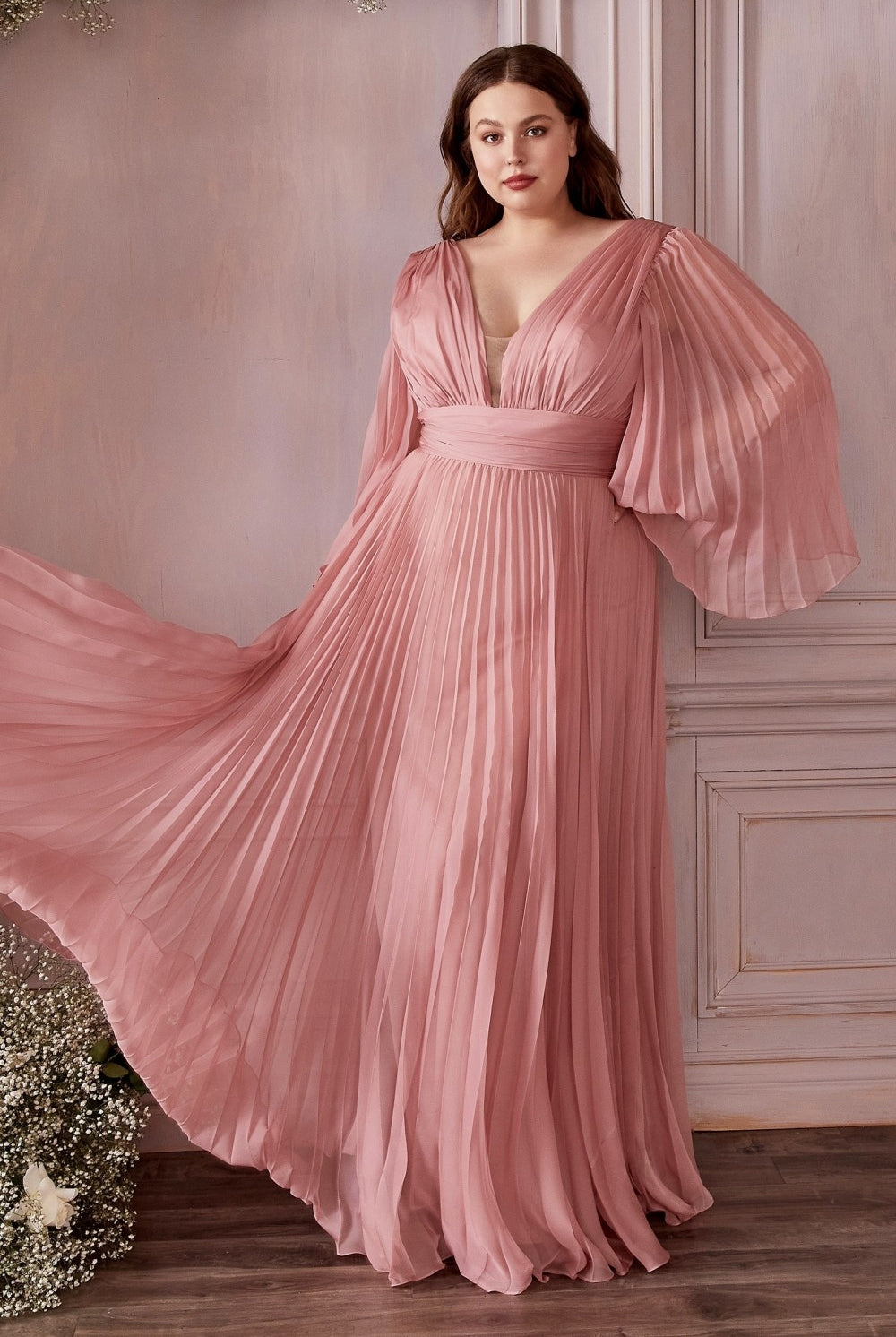 Plus Size Chiffon Prom Dress w/ Long Sleeve, V-neck, A-line & Pleats-smcdress