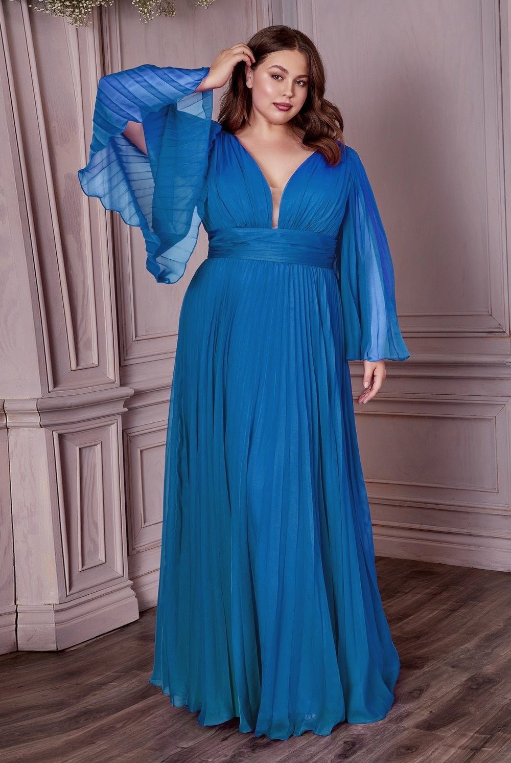 Plus Size Chiffon Prom Dress w/ Long Sleeve, V-neck, A-line & Pleats-smcdress
