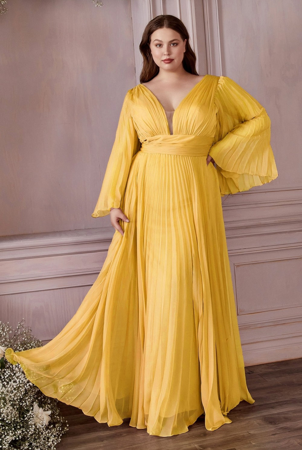 Plus Size Chiffon Prom Dress w/ Long Sleeve, V-neck, A-line & Pleats-smcdress