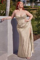 Plus-Size Glitter Gown w/ Cowl Neck, Sensual Bodice, Mermaid Silhouette, Leg Slit & Elegant Curve-smcdress
