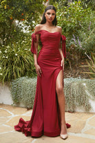 Curve-fitted jersey gown with off-shoulder bodice, relaxed trumpet skirt, and leg slit-smcdress