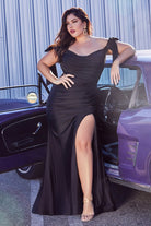 Curve-fitted jersey gown with off-shoulder bodice, relaxed trumpet skirt, and leg slit-smcdress