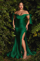 Curve-fitted jersey gown with off-shoulder bodice, relaxed trumpet skirt, and leg slit-smcdress