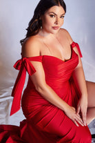 Curve-fitted jersey gown with off-shoulder bodice, relaxed trumpet skirt, and leg slit-smcdress