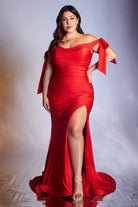Curve-fitted jersey gown with off-shoulder bodice, relaxed trumpet skirt, and leg slit-smcdress