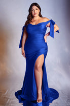 Curve-fitted jersey gown with off-shoulder bodice, relaxed trumpet skirt, and leg slit-smcdress