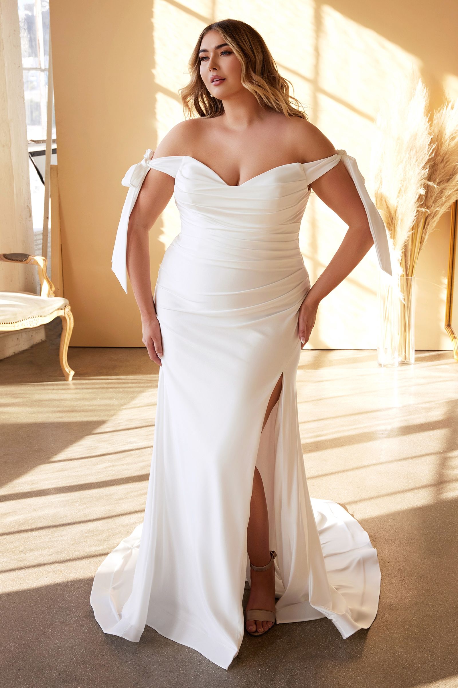 PLUS SIZE TIE SLEEVE PLEATED MERMAID GOWN-smcdress