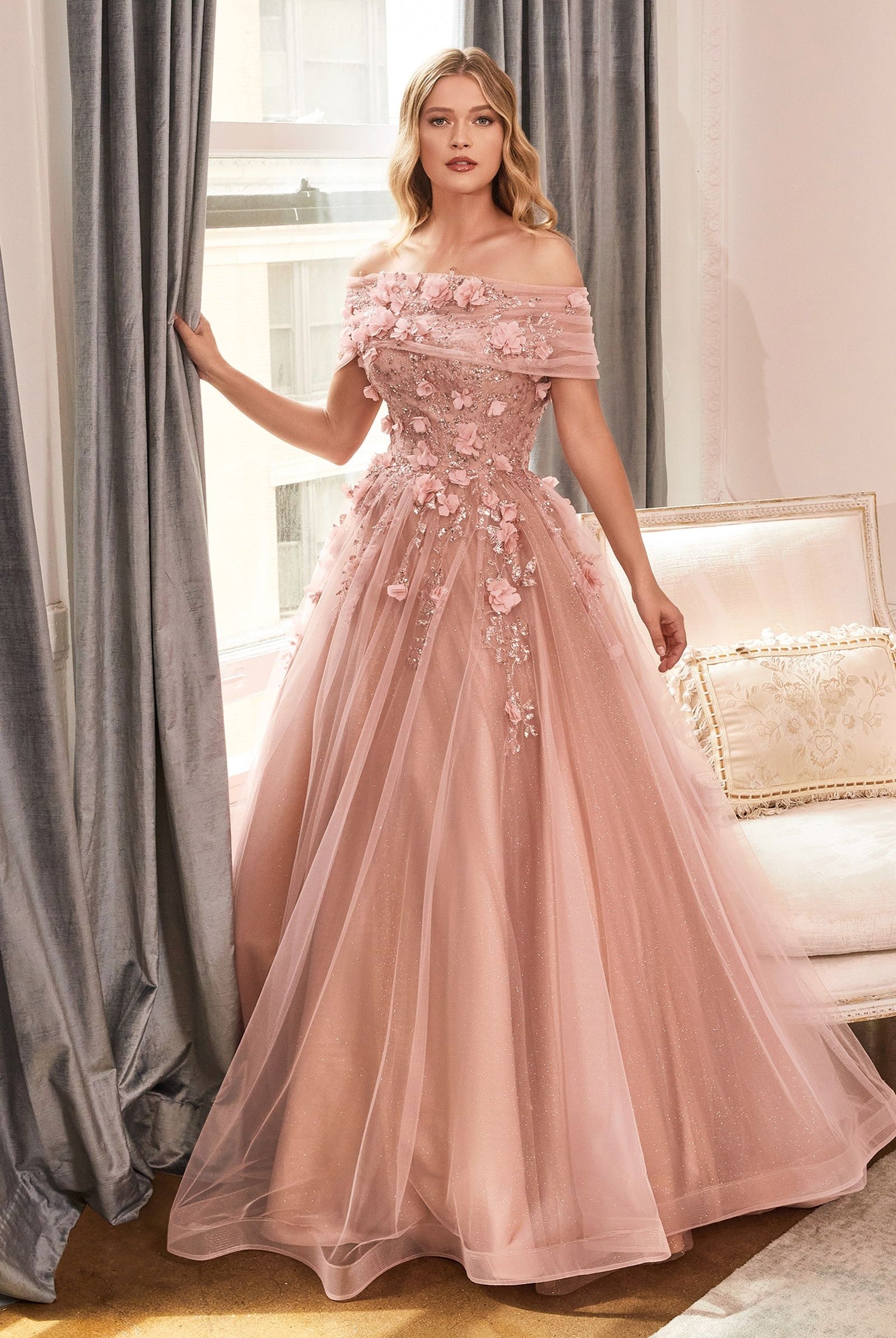 Glitter Tulle Ball Gown w/ Strapless Layer-smcdress