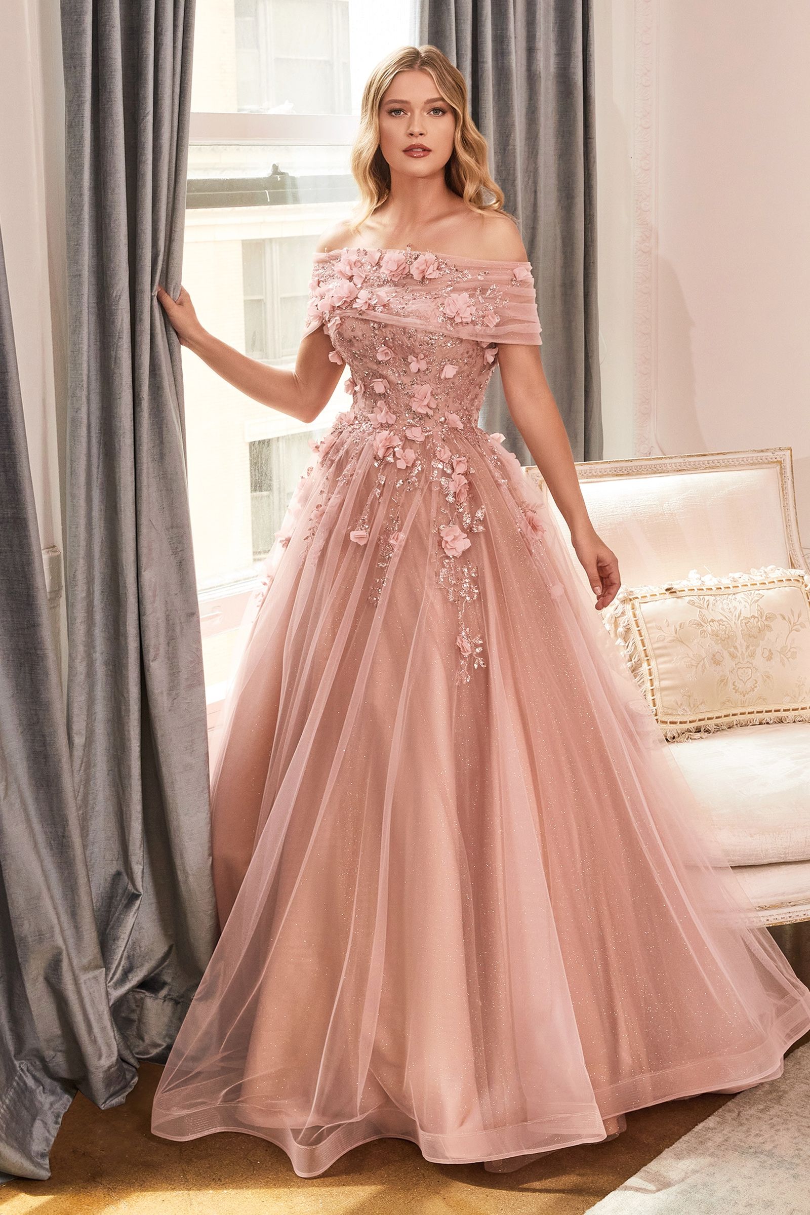 Glitter Tulle Ball Gown w/ Strapless Layer-smcdress