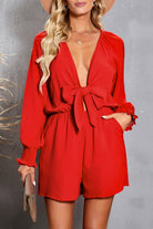 Tied Flounce Sleeve Plunge Romper-smcdress