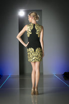 Embroidered High Neck Sleevess Cocktail Dress-smcdress