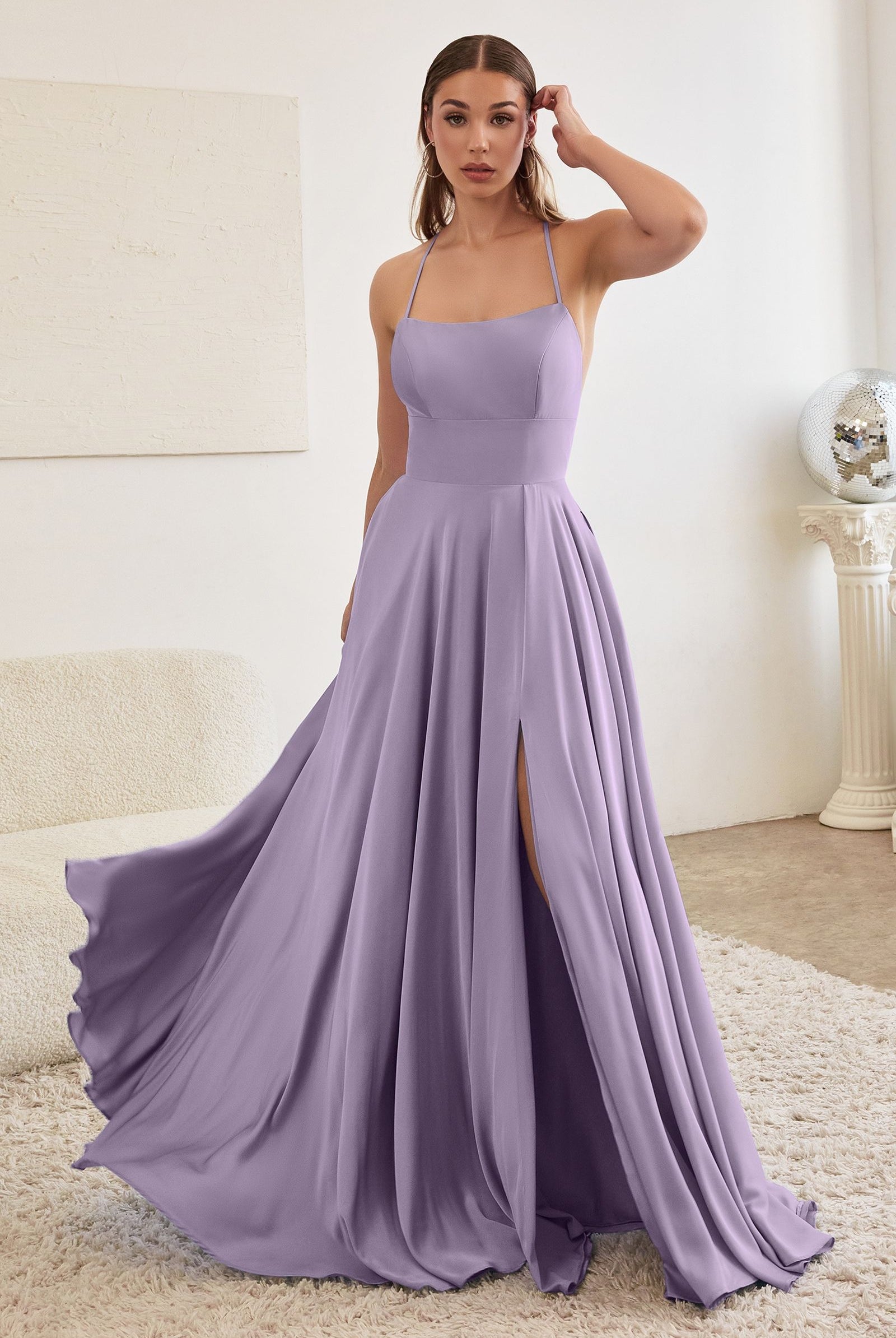 A-line Satin Dress w/ Lace-up Back-smcdress